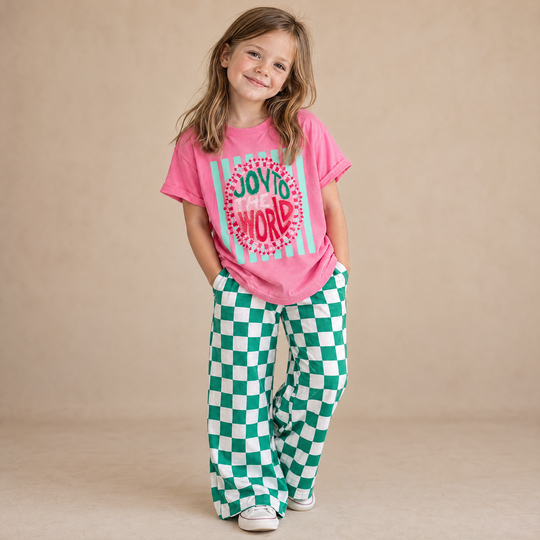 Girls Green Checkerboard Wide Leg Pants