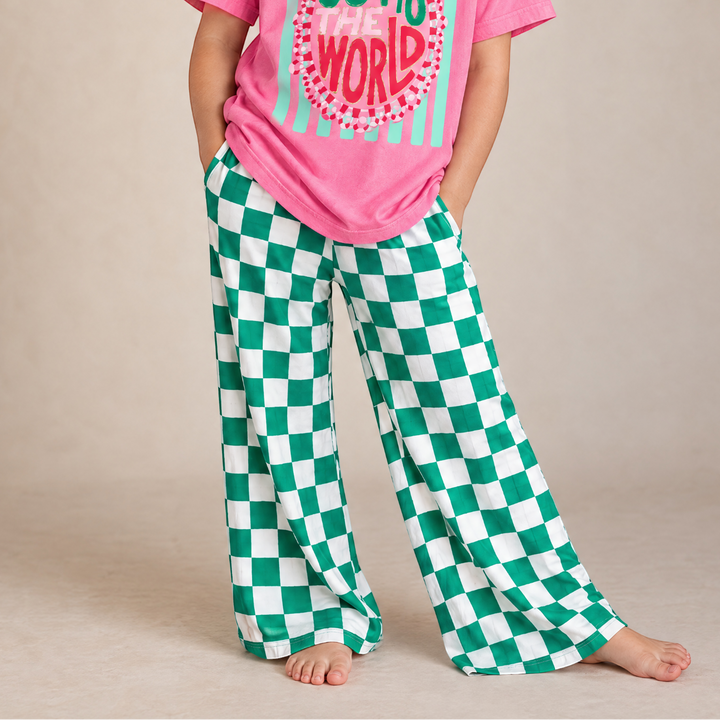 Girls Green Checkerboard Wide Leg Pants