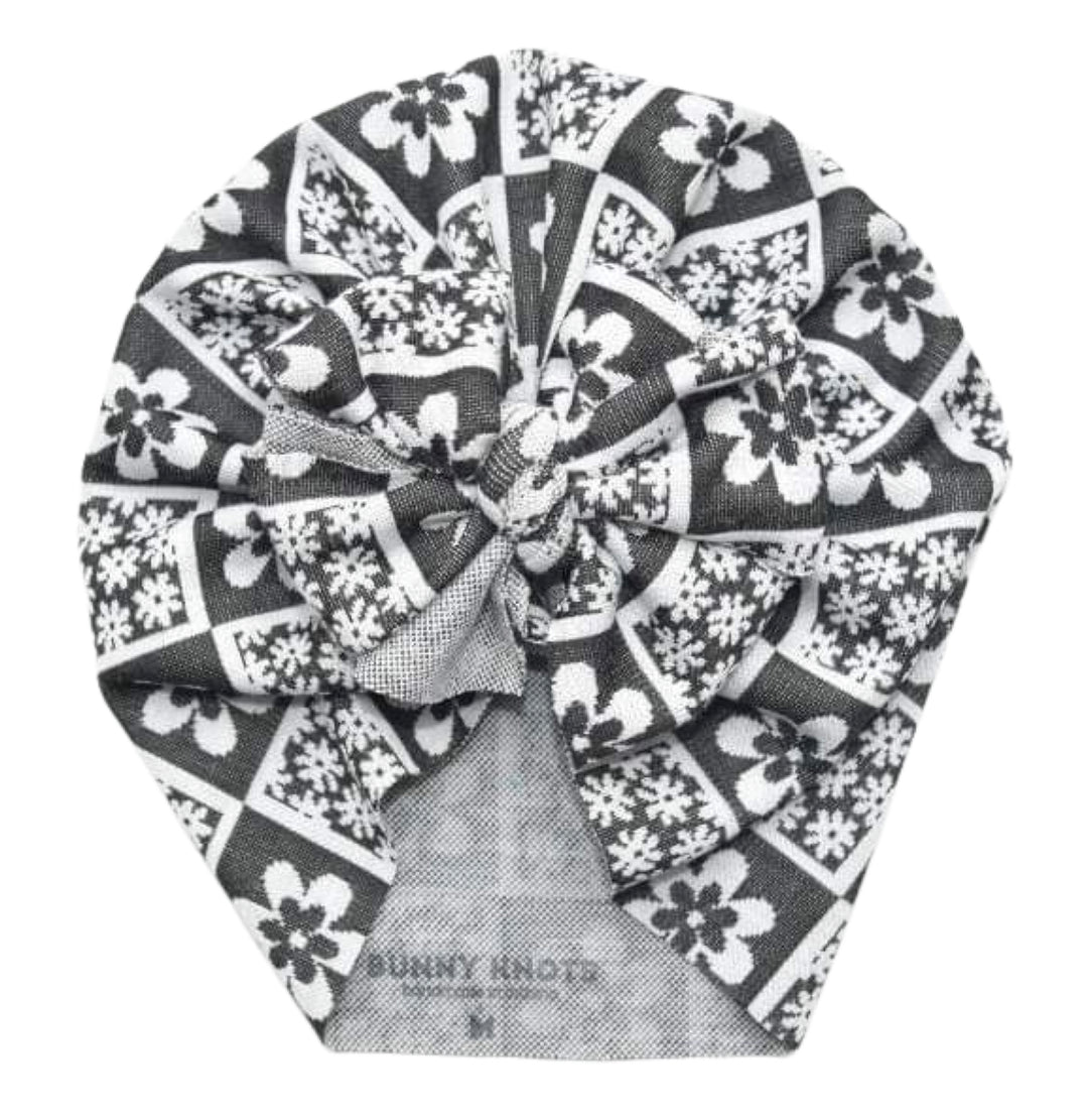 Ramone | Black & White Checkerboard Floral | Jacquard Headwrap - Bunny Knots
